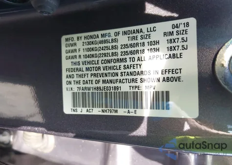 2018 Honda Cr-V Ex-L/Ex-L Navi from USA, damaged, VIN 7FARW1H89JE031891